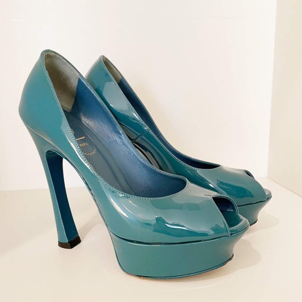 Yves Saint Laurent Palais Patent Leather Peep Toe Heels Teal Blue Size 36.5 - Picture 4 of 15